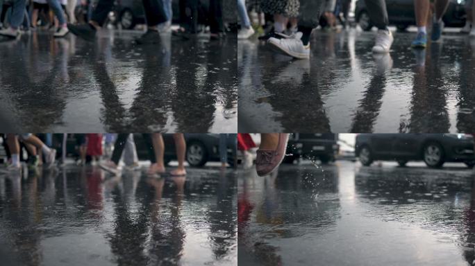 雨中人群在拥挤的交通道路上行走