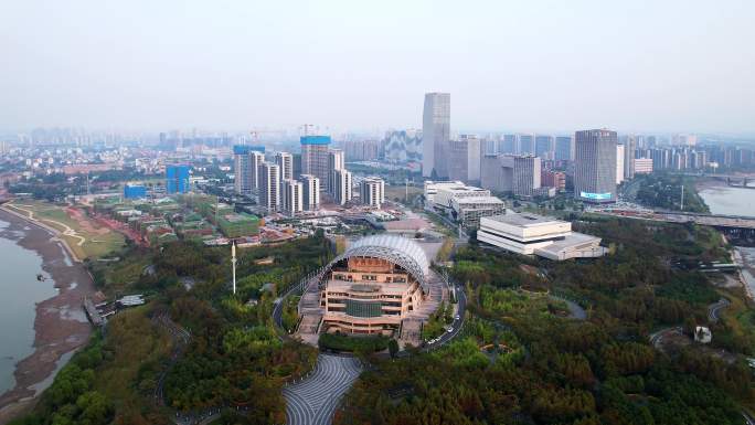 航拍金华金东新城区地标现代建筑中国婺剧院