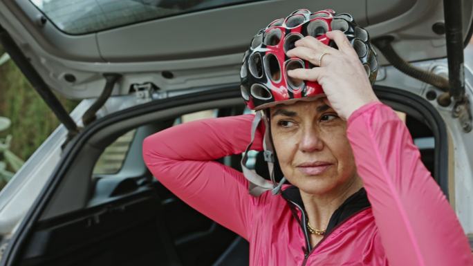 女自行车运动员在锻炼前戴上头盔