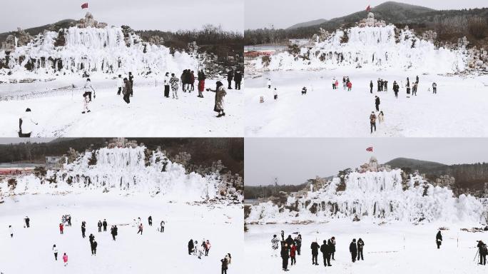 4K航拍古镇写实 冰雪场 人工造雪