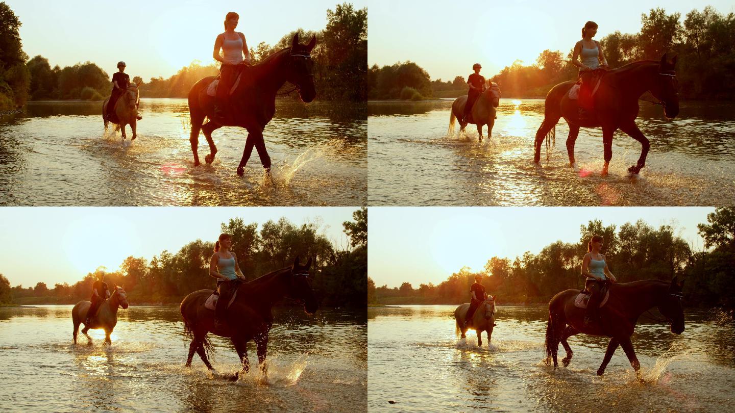 日出时，年轻女孩在河边骑马