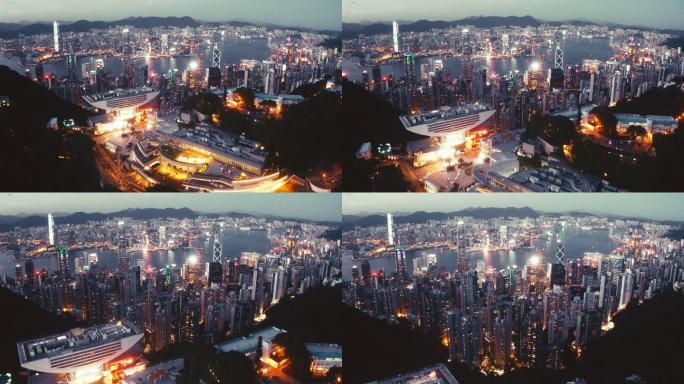香港市夜间鸟瞰图香港航拍延时国际化维多利