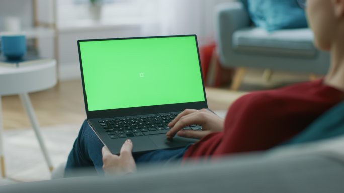 女子在一台带有绿色模拟屏幕的笔记本电脑上工作