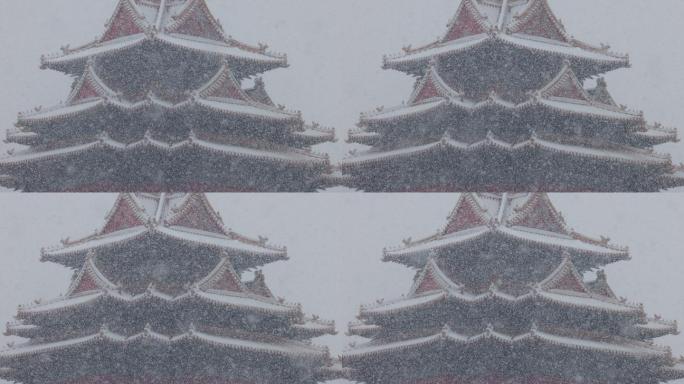 雪中的北京故宫角楼