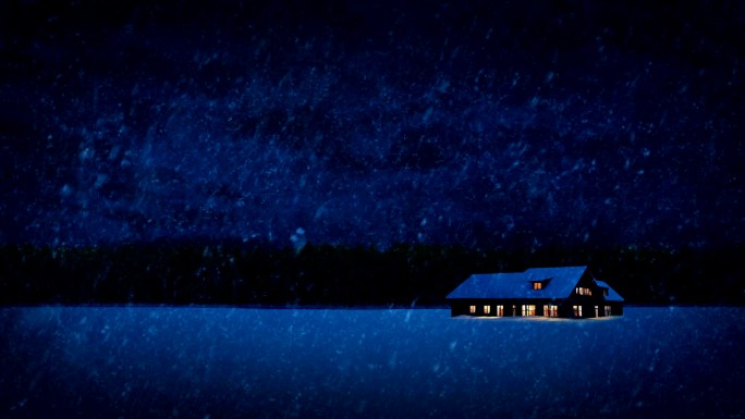 夜晚雪景中亮着灯的房子