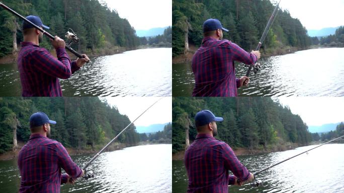 在湖边钓鱼的男人胡须河流自然