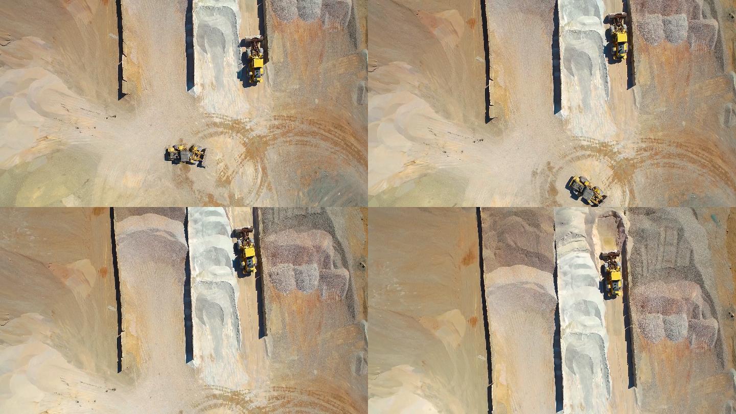 正在工作的挖掘机鸟瞰俯拍砂石工地