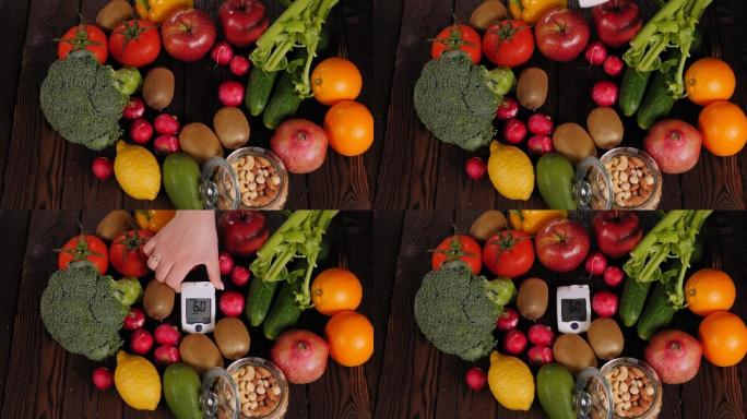 桌上放着新鲜的生蔬菜和水果