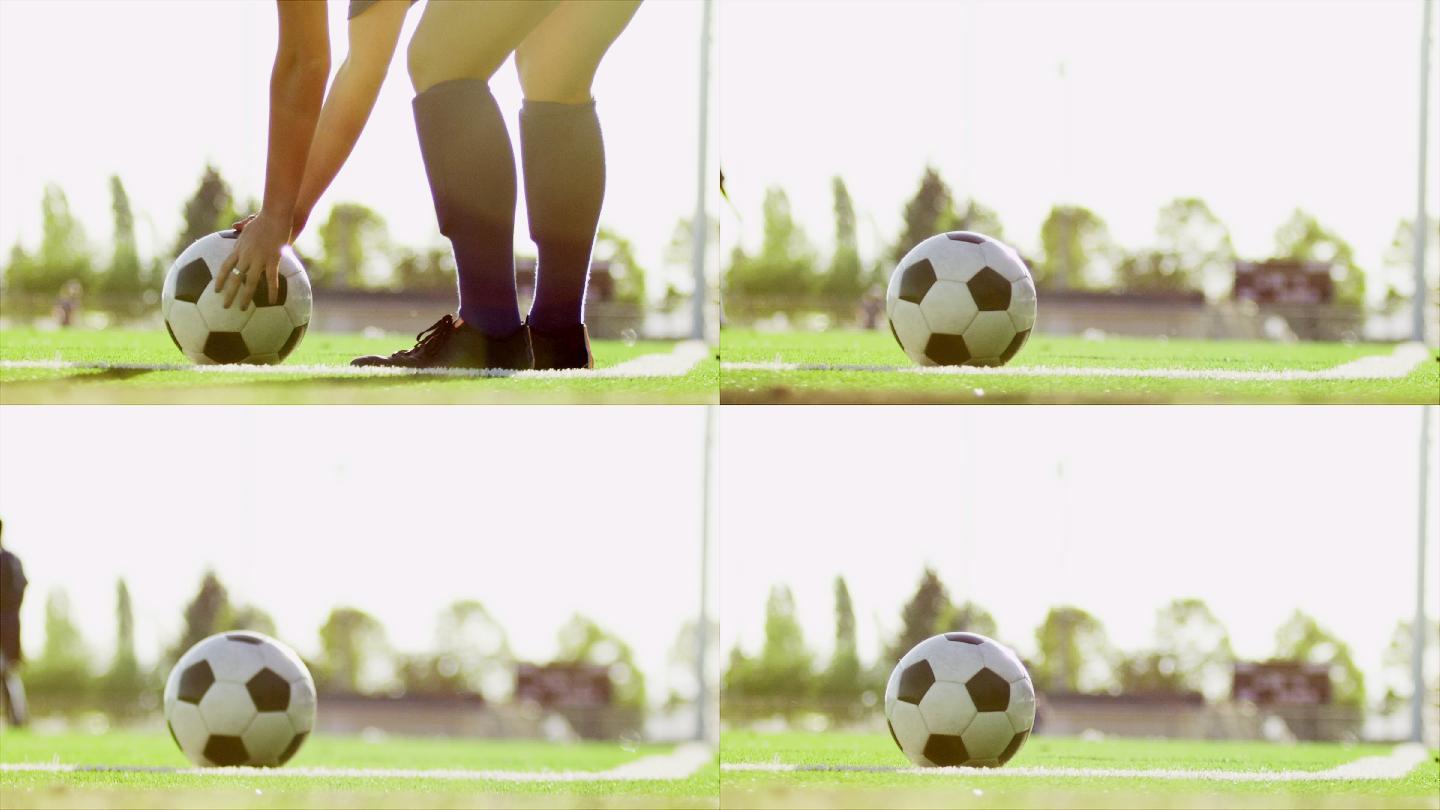 足球被踢回赛场的特写镜头