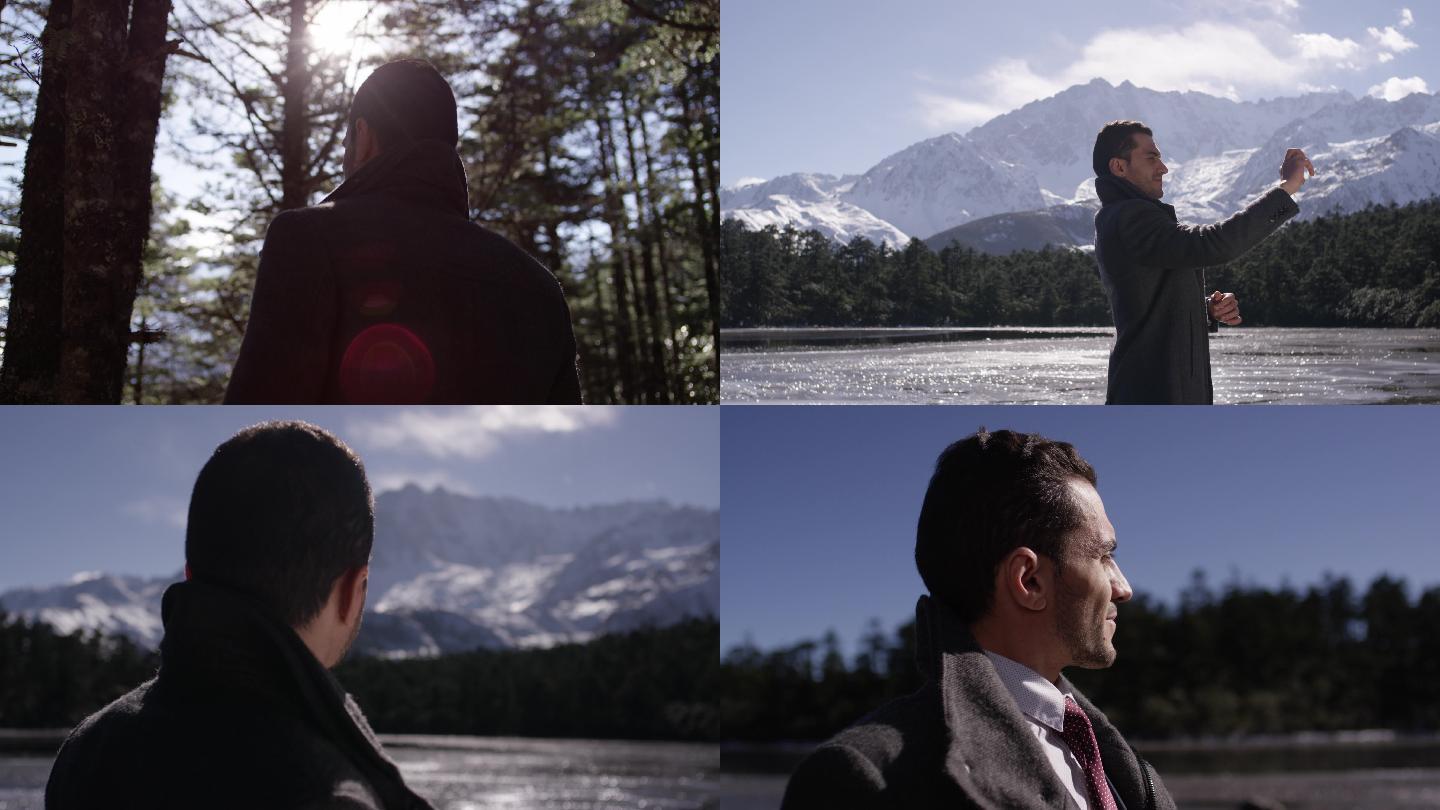 外国人走在森林和雪山拍照实拍4K