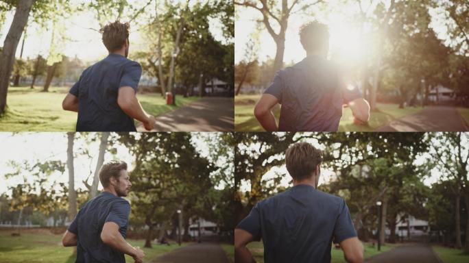 男子在公园慢跑身影背影晨跑早晨清晨