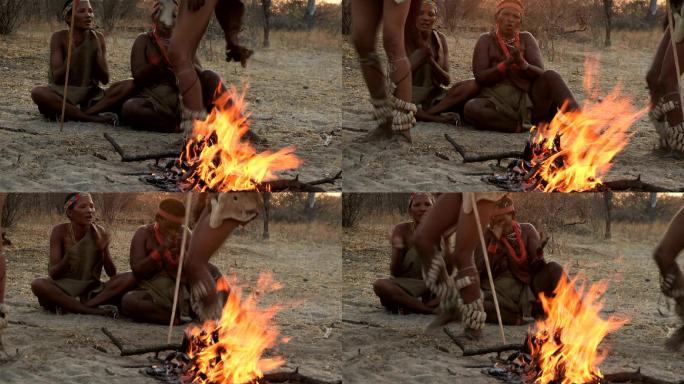 围着火跳传统舞蹈原始部落野人土著人