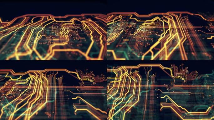 橙色、绿色技术背景电路板和代码