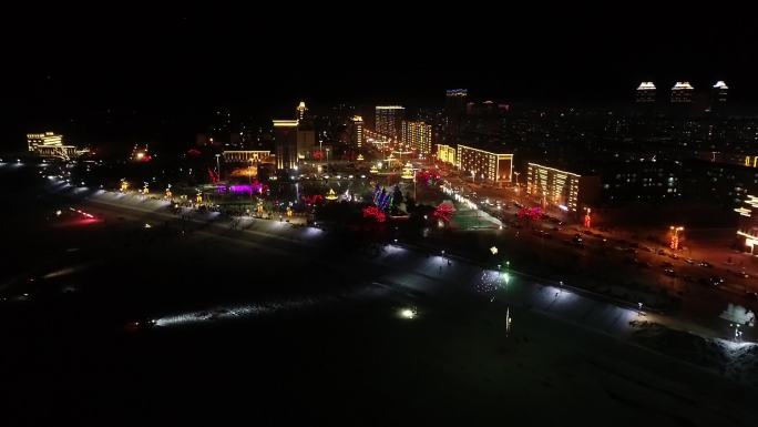 航拍嫩江市 江畔 广场 雪雕 县标 夜景