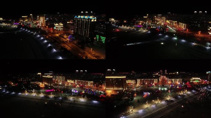 航拍嫩江市 江畔 广场 雪雕 县标 夜景