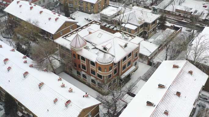 航拍天津大雪五大道风景区