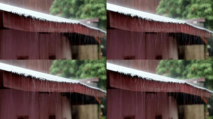 雨水从屋顶落下。屋檐雨滴暴雨