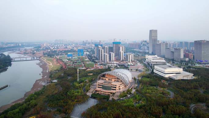 航拍金华金东新城区地标现代建筑中国婺剧院