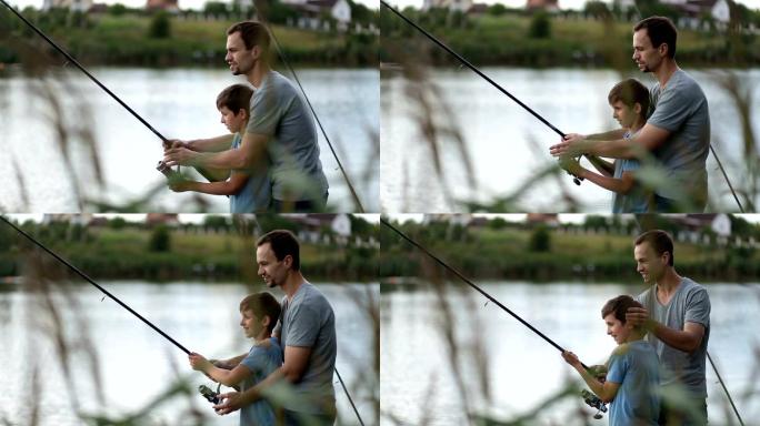 微笑的爸爸和儿子在池塘钓鱼放松