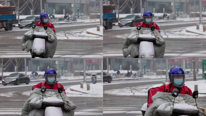 北京风雪中外卖快递骑手