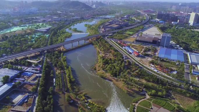 航拍生态补水期间的北京永定河全线有水