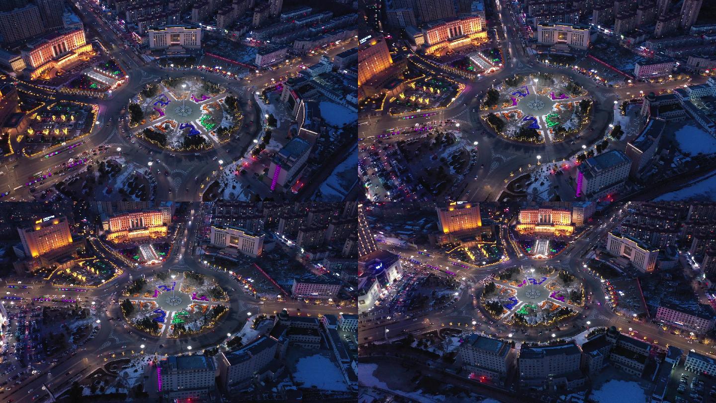 4K超清航拍瓦房店世纪广场夜景环绕镜头