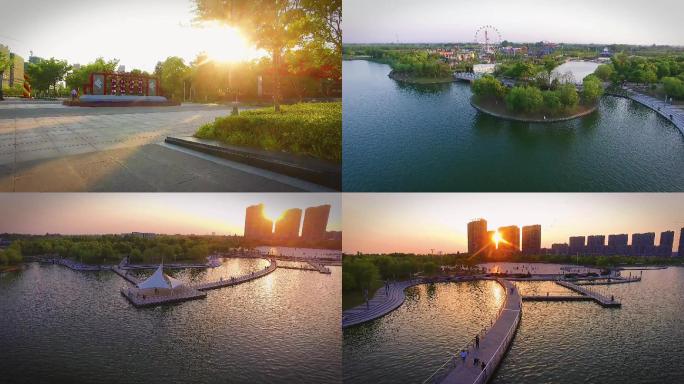 航拍如皋龙游湖晚霞金色湖面