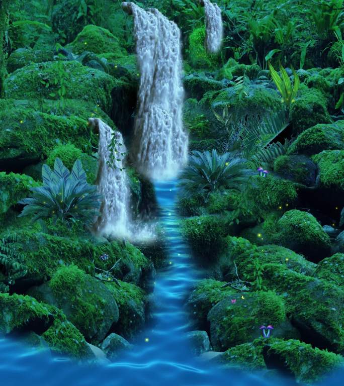 瀑布夜景竖屏苔藓蕨类蘑菇蝴蝶萤火虫小溪