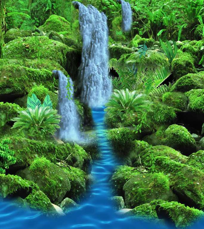 瀑布日景竖屏苔藓青苔藤蔓池塘小溪热带植物