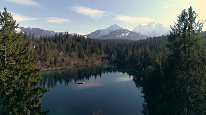 瑞士拉克斯的湖泊树木春天