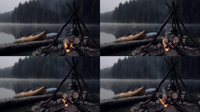 在湖边露营燃起营火