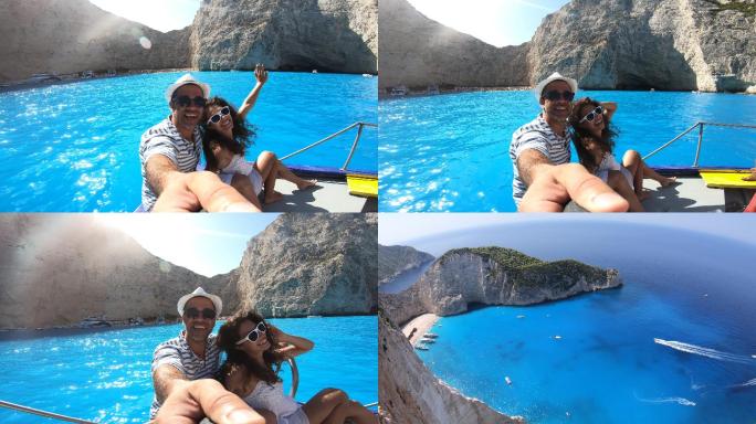 情侣在船上自拍并享受暑假