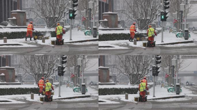 北京风雪中清扫积雪的环卫工人