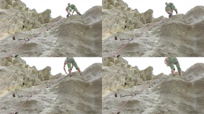 攀岩者攀登者行走脚步户外徒步登山登顶成功