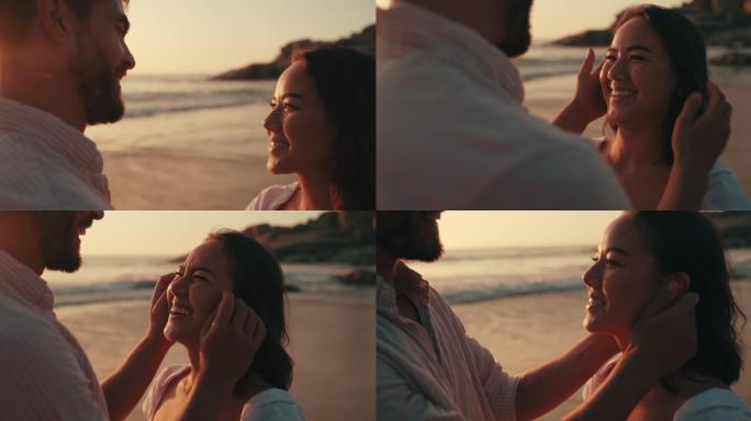 年轻夫妇在日落时分在海滩上分享浪漫时刻