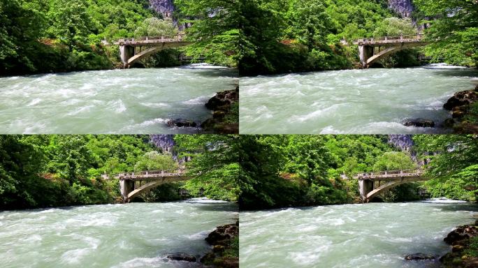 山河流水水流低角度桥