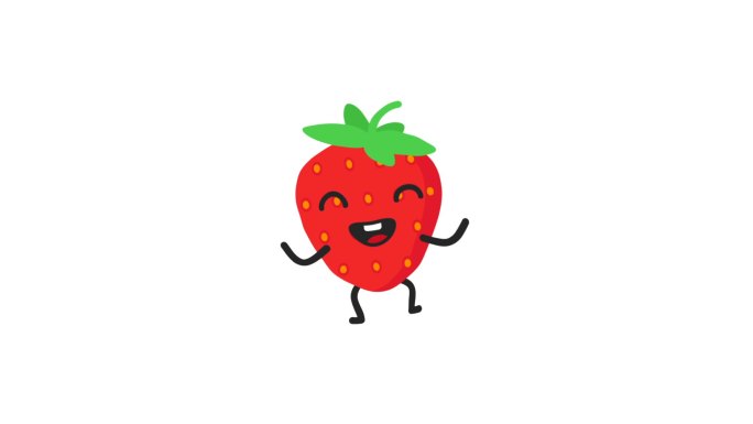 草莓有趣的角色跳舞和微笑。
