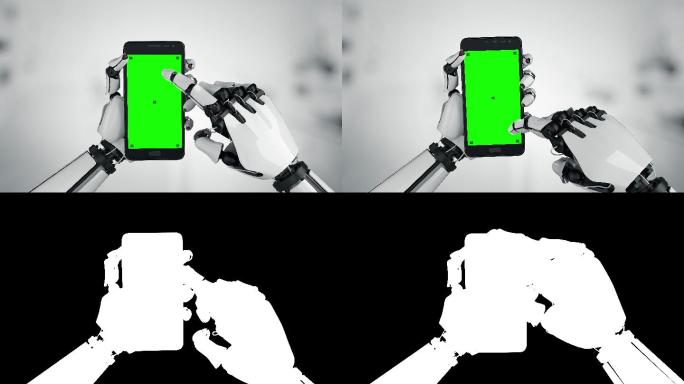 机器人用手机轻敲绿色屏幕显示屏。