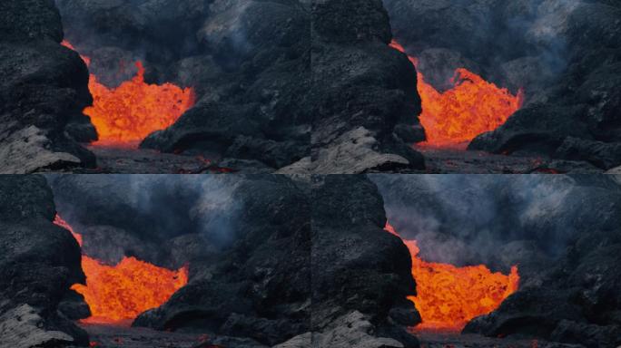 冰岛火山喷发时燃烧的熔岩的特写风景