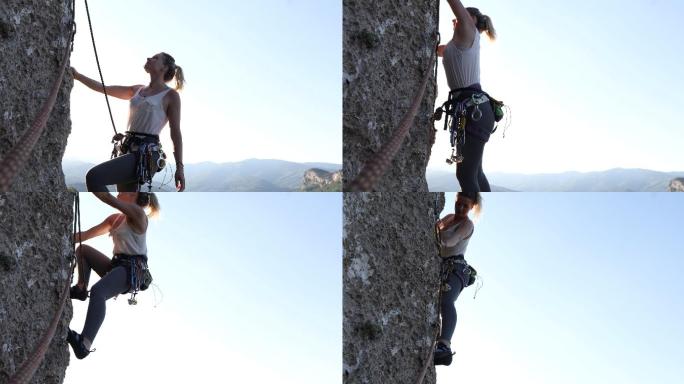 年轻女子攀爬垂直的岩壁