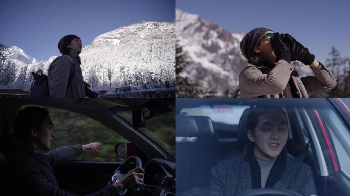 男子开车走在森林冰川拍照欢呼实拍4K