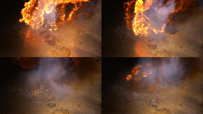 铁板烧浇油火焰燃烧升格素材2