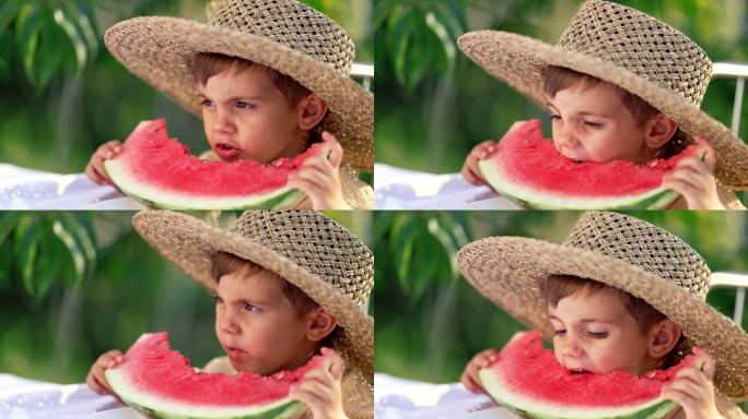 吃西瓜的小男孩热爱吃水果外国小男孩夏天