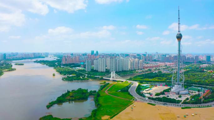 4K正版航拍山东省临沂市沂河三河口风景