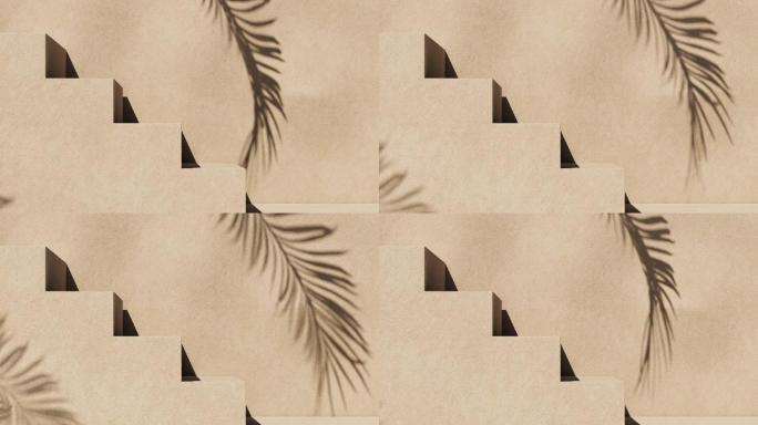 米色天然石墙上有热带棕榈叶阴影。