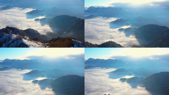 航拍牛背山雪山山顶云海云雾贡嘎金顶落日