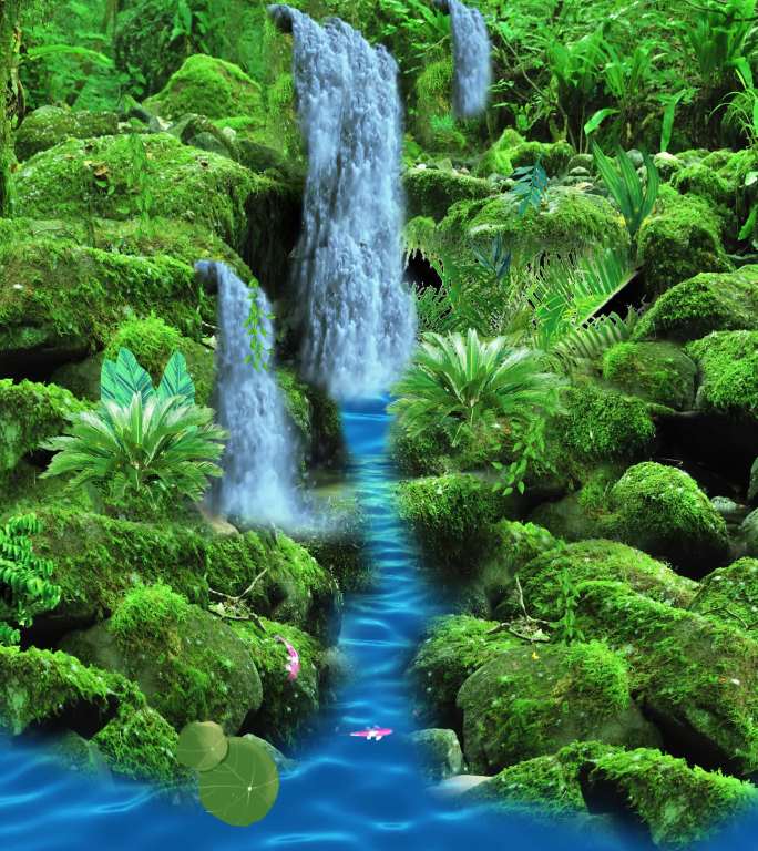 瀑布竖屏池塘小鱼荷叶小溪苔藓热带蕨类岩石