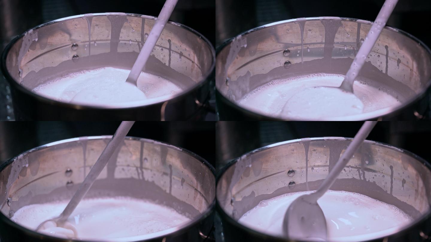 广东肠粉店的厨房里厨师在制作肠粉用的米浆