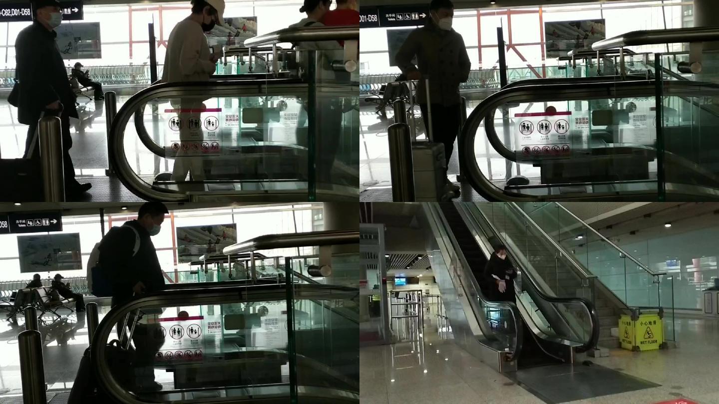 机场候机厅登机出行乘客走下扶手电梯