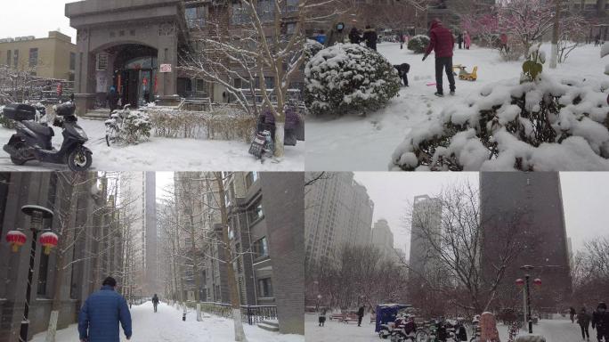 城市小区雪景下雪冬天城市北方雪景